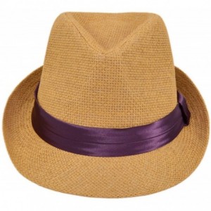 Fedoras Classic Tan Fedora Straw Hat with Ribbon Band - Diff Color Band Avail - Dark Purple Band - CK11LGBBY8B $9.14