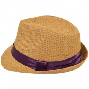 Fedoras Classic Tan Fedora Straw Hat with Ribbon Band - Diff Color Band Avail - Dark Purple Band - CK11LGBBY8B $9.14