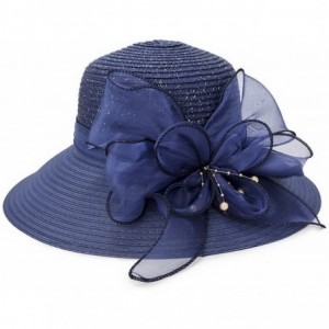Sun Hats Women Large Brim Bucket Summer Straw Sun Hat Boonie Cap W/Flower Band - Navy - CI18DYTAA5K $12.07