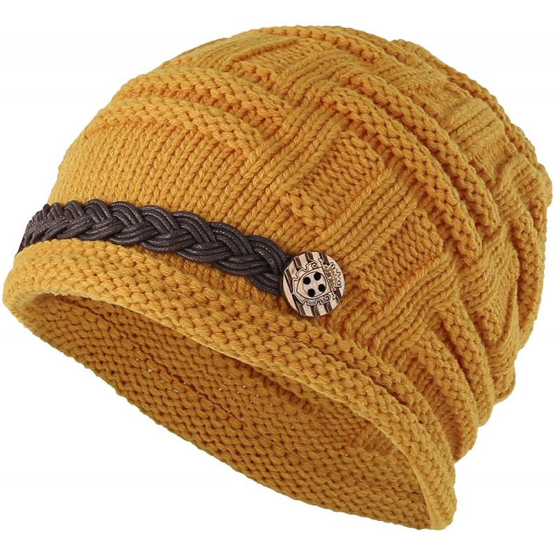 Skullies & Beanies Women Winter Beanie Cabled Checker Pattern Knit Hat Button Strap Cap - Yellow - CT128IO0UHJ $13.22