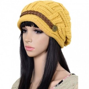 Skullies & Beanies Women Winter Beanie Cabled Checker Pattern Knit Hat Button Strap Cap - Yellow - CT128IO0UHJ $13.22