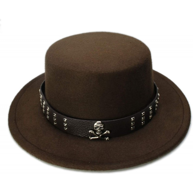 Fedoras Women Men Vintage 100% Wool Wide Brim Bowler Hat Skull Bead Leather Band (57cm/Adjust) - Coffee - CU18ME9EZZE $40.16