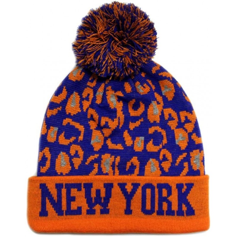 Skullies & Beanies Sk950 Leopard College Pom Beanie Hat - New York - Orange/Royal - CB11GM82JJV $14.01