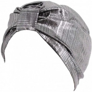 Sun Hats Shiny Metallic Turban Cap Indian Pleated Headwrap Swami Hat Chemo Cap for Women - Silver Knot - CC1925DW5QW $11.78