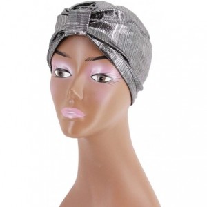 Sun Hats Shiny Metallic Turban Cap Indian Pleated Headwrap Swami Hat Chemo Cap for Women - Silver Knot - CC1925DW5QW $11.78