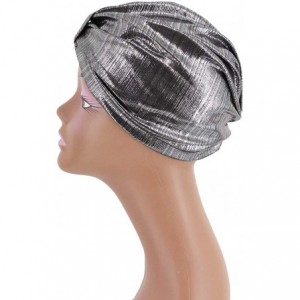 Sun Hats Shiny Metallic Turban Cap Indian Pleated Headwrap Swami Hat Chemo Cap for Women - Silver Knot - CC1925DW5QW $11.78