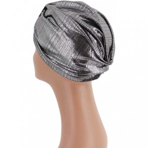 Sun Hats Shiny Metallic Turban Cap Indian Pleated Headwrap Swami Hat Chemo Cap for Women - Silver Knot - CC1925DW5QW $11.78