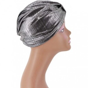 Sun Hats Shiny Metallic Turban Cap Indian Pleated Headwrap Swami Hat Chemo Cap for Women - Silver Knot - CC1925DW5QW $11.78