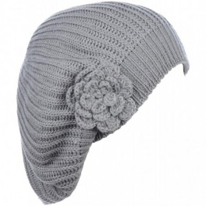 Berets Womens Fall Winter Ribbed Knit Beret Double Layers with Flower - Light Grey - CI18U04D2KK $29.20