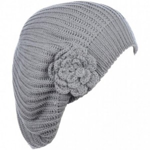 Berets Womens Fall Winter Ribbed Knit Beret Double Layers with Flower - Light Grey - CI18U04D2KK $9.95