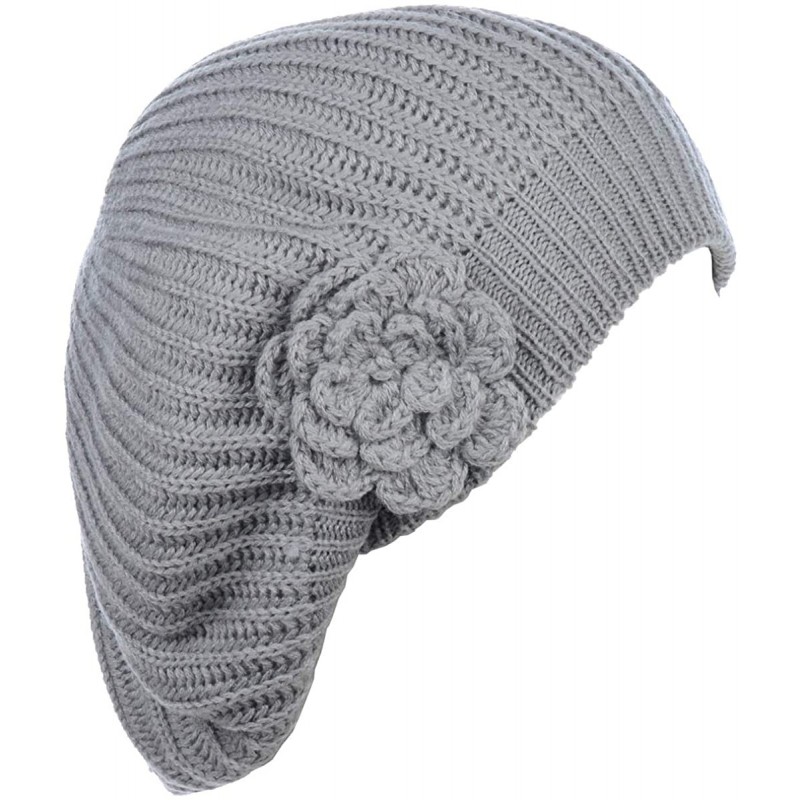 Berets Womens Fall Winter Ribbed Knit Beret Double Layers with Flower - Light Grey - CI18U04D2KK $9.95