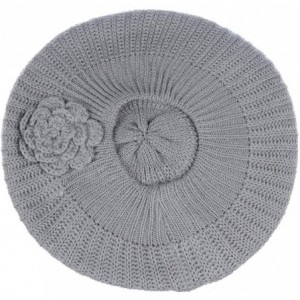 Berets Womens Fall Winter Ribbed Knit Beret Double Layers with Flower - Light Grey - CI18U04D2KK $9.95