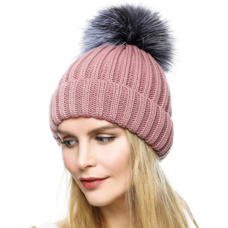 Skullies & Beanies Womens Girls Winter Knitted Slouchy Beanie Hat with Real Large Silver Fox Fur Pom Pom Hats - Style02 Light...