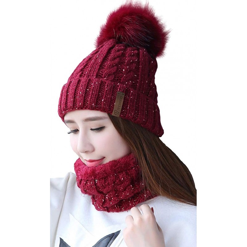 Skullies & Beanies Womens Winter Knit Beanie Hat Scarf Set for Girl Slouchy Thick Fleece Lined Ski Hat Warm Skull Cap with Po...