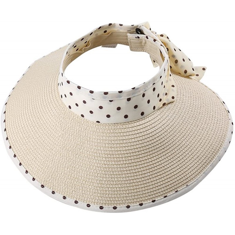 Visors Straw Roll up Polka Dot Wide Brim Bowknot Beach Sun Hat Visor - Beige - C412I6B4PGV $27.72