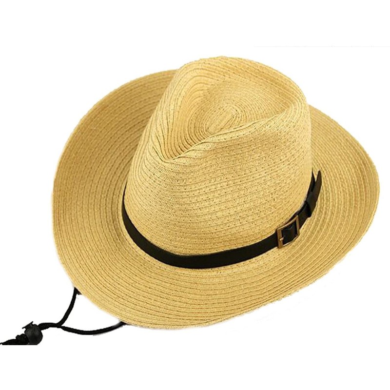 Sun Hats Men's Floppy Packable Straw Hat Beach Cap Newsboy Fedora Sun Hat- Big Brim- Adjustable Chin Strap - Beige - C2182EYH...