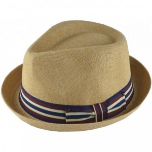 Fedoras Men's Upturn Brim Summer Fedora with Red Navy White Band Tan - CZ11WQIK55L $13.50