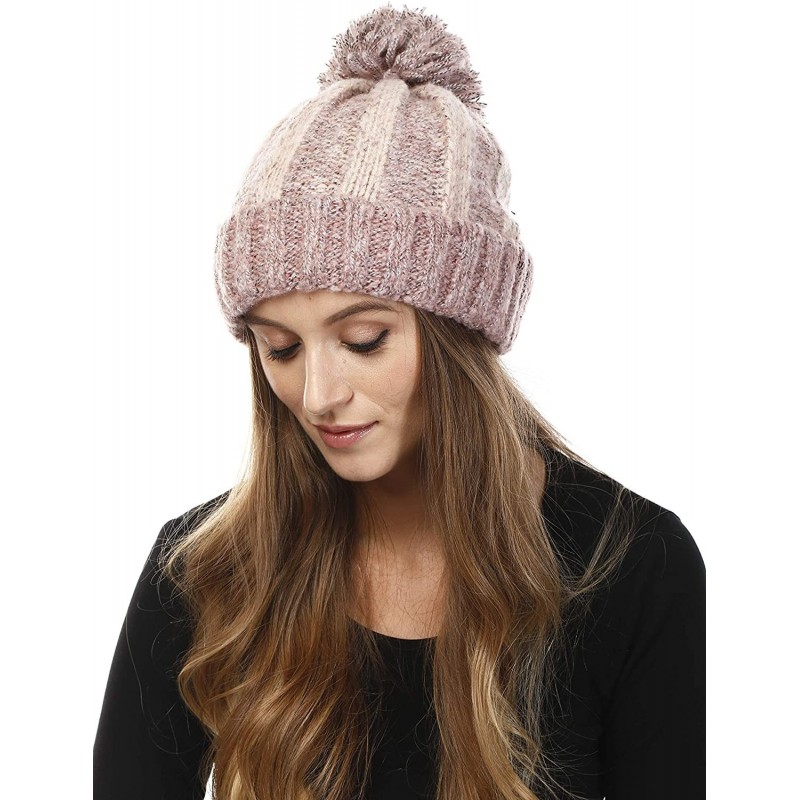 Skullies & Beanies Women's Acrylic Two Tone- Solid Faux Fur Pom Pom with Fleece Lining Beanie Hat - Pink + Beige - C818IKGAOC...