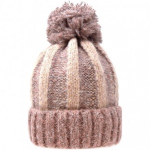 Skullies & Beanies Women's Acrylic Two Tone- Solid Faux Fur Pom Pom with Fleece Lining Beanie Hat - Pink + Beige - C818IKGAOC...