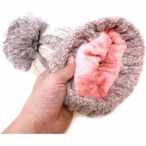 Skullies & Beanies Women's Acrylic Two Tone- Solid Faux Fur Pom Pom with Fleece Lining Beanie Hat - Pink + Beige - C818IKGAOC...