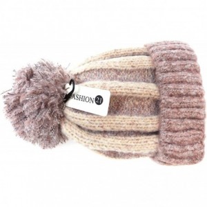 Skullies & Beanies Women's Acrylic Two Tone- Solid Faux Fur Pom Pom with Fleece Lining Beanie Hat - Pink + Beige - C818IKGAOC...