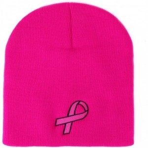 Skullies & Beanies Breast Cancer Awareness Pink Ribbon Embroidered Short Beanie - Hot Pink - CJ18IT2DYM6 $16.73