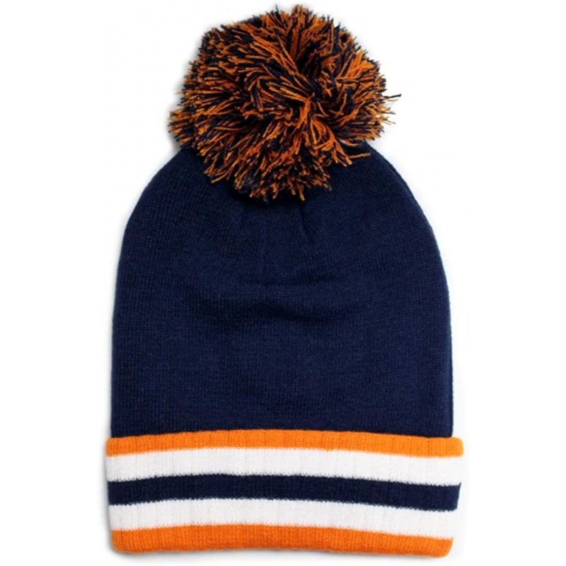 Skullies & Beanies Sk921 Plain Stripe Folding Pom Beanie Hat - Navy/Orange - CW11GRN4YV7 $11.91