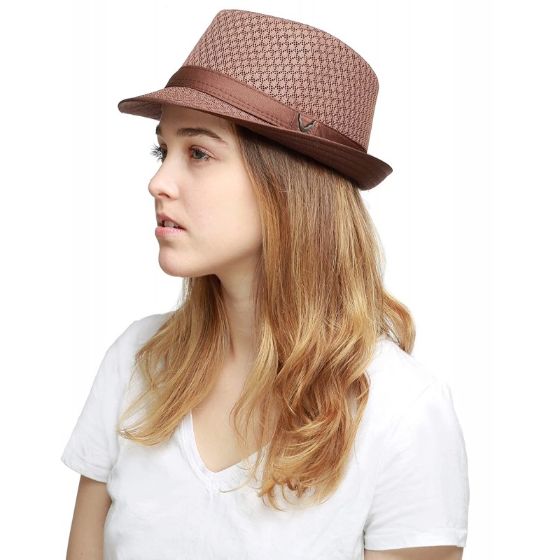 Fedoras Black Horn Light Weight Classic Soft Cool Mesh Fedora hat - Brown - CX12DA4YI0B $12.98