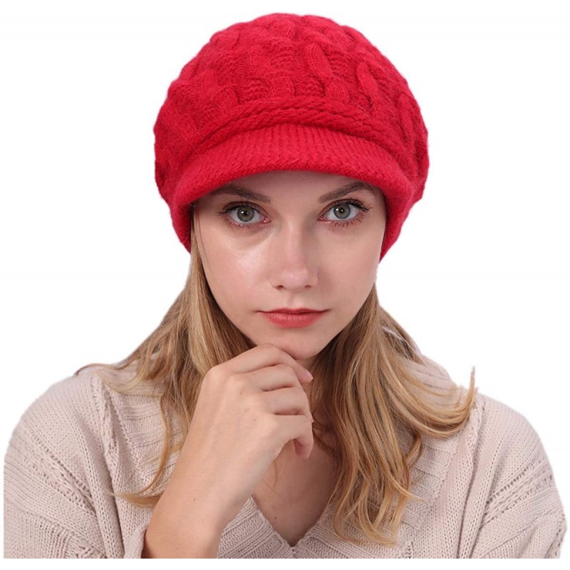 Newsboy Caps Women Warm Caps Beret Newsboy Winter Cap Snow Ski Outdoor Twist Knitted Hat with Visor - A-bright Red - CE18Z645...