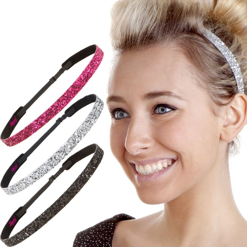 Headbands Women's Adjustable NO SLIP Skinny Bling Glitter Headband Multi 3pk (Black/Silver/Hot Pink) - CU11OJ2MI8T $18.06