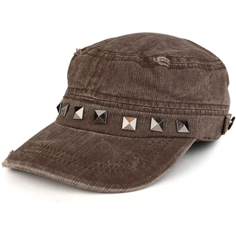 Baseball Caps Distressed Flat Top Metallic Studded Frayed Cadet Style Army Cap - Brown - CL185OE0X6I $25.27