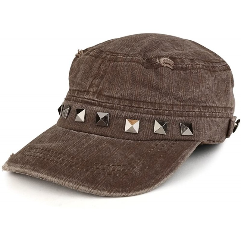 Baseball Caps Distressed Flat Top Metallic Studded Frayed Cadet Style Army Cap - Brown - CL185OE0X6I $13.84