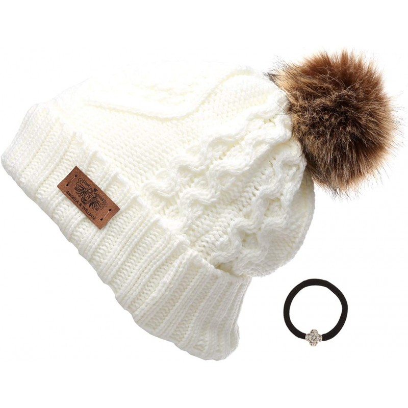 Skullies & Beanies Women's Winter Fleece Lined Cable Knitted Pom Pom Beanie Hat with Hair Tie. - Ivory - C012MZTFP7K $10.96