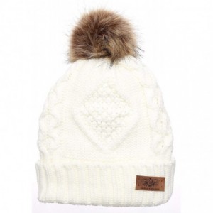 Skullies & Beanies Women's Winter Fleece Lined Cable Knitted Pom Pom Beanie Hat with Hair Tie. - Ivory - C012MZTFP7K $10.96