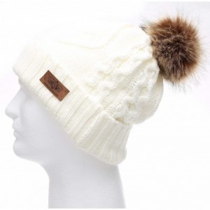 Skullies & Beanies Women's Winter Fleece Lined Cable Knitted Pom Pom Beanie Hat with Hair Tie. - Ivory - C012MZTFP7K $10.96
