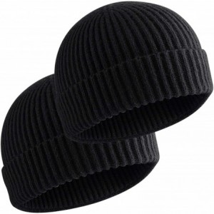 Skullies & Beanies 50% Wool Short Knit Fisherman Beanie for Men Women Winter Cuffed Hats - 2pcs(black+black) - C0192G4ODNS $1...
