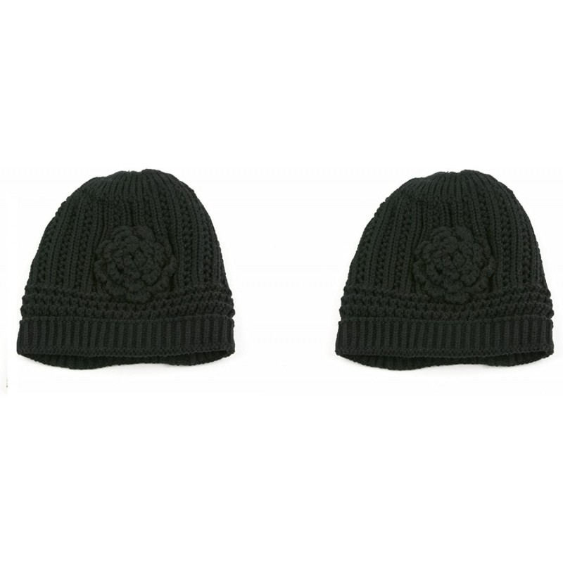 Skullies & Beanies Winter Knit Flower Beanie Hat 333HB - 2 Pcs Black & Black - C8122Q1NBHL $12.82