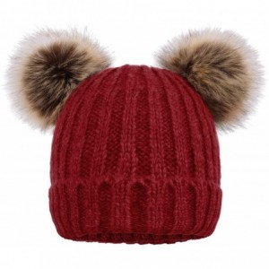 Skullies & Beanies Womens Winter Thick Cable Knit Beanie Hat with Faux Fur Pompom Ears - Burgundy Beanie With Coffee Pompom -...