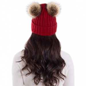 Skullies & Beanies Womens Winter Thick Cable Knit Beanie Hat with Faux Fur Pompom Ears - Burgundy Beanie With Coffee Pompom -...