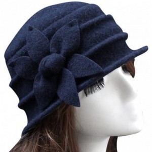Skullies & Beanies Women 100% Wool Felt Round Top Cloche Hat Fedoras Trilby with Bow Flower - A6 Navy - CQ1896QXQ3I $37.70