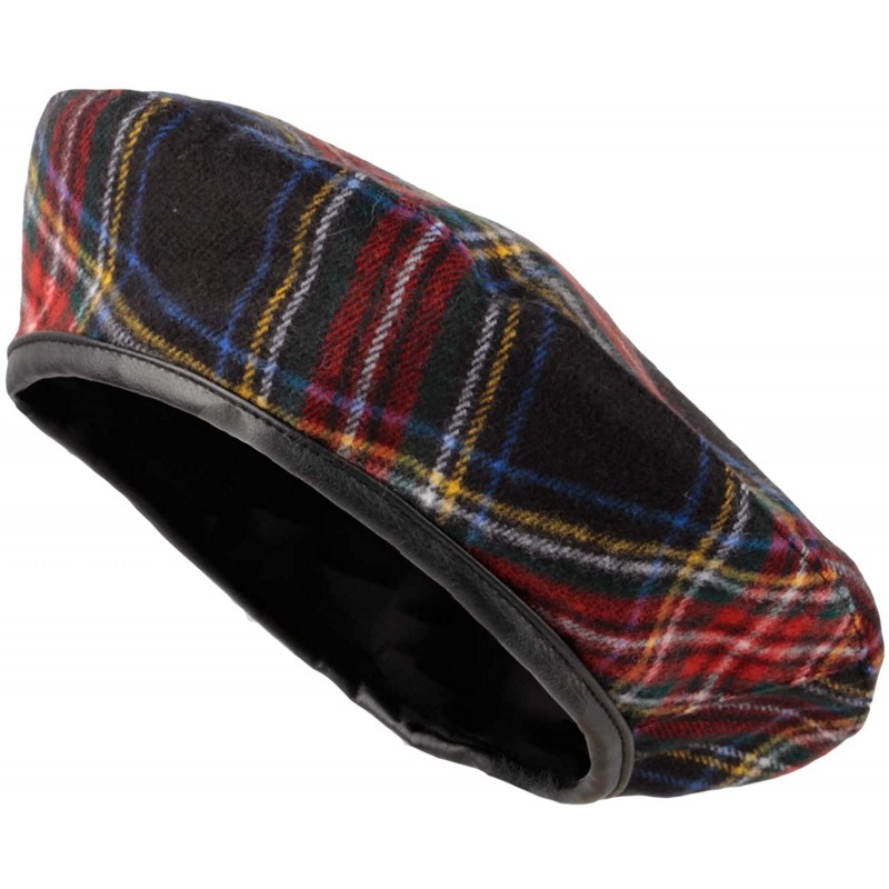 Berets Acrylic Beret Hat Tartan Check Leather Sweatband KR3781 - Black - C018A488ZQK $22.16