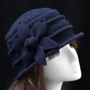 Skullies & Beanies Women 100% Wool Felt Round Top Cloche Hat Fedoras Trilby with Bow Flower - A6 Navy - CQ1896QXQ3I $17.79