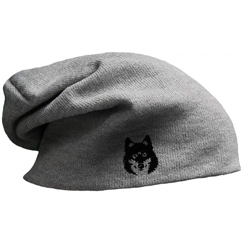 Skullies & Beanies Custom Slouchy Beanie Mean Wolf Face Black Embroidery Cotton - Light Grey - CS18L6GSKLX $15.45