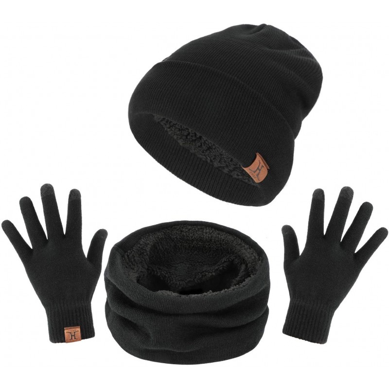 Skullies & Beanies Winter Thick Beanie Hat Scarf Touch Screen Gloves Set Fit for Men Women - A - Black - CS192ZGOMKH $11.36