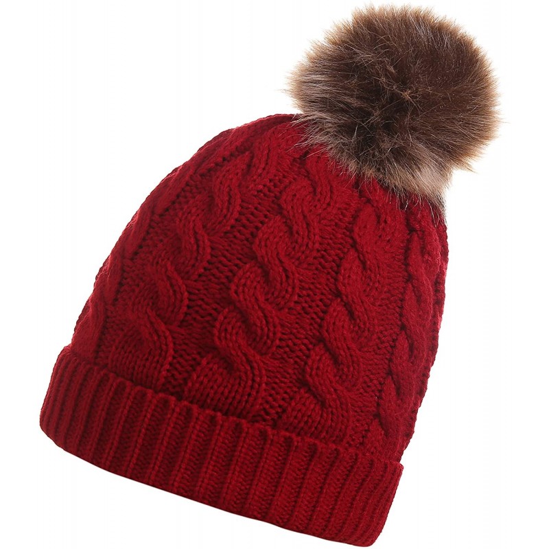 Skullies & Beanies Women's Winter Ribbed Knit Faux Fur Pompoms Chunky Lined Beanie Hats - Single-burgundy - CK186QO80DZ $7.71