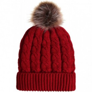 Skullies & Beanies Women's Winter Ribbed Knit Faux Fur Pompoms Chunky Lined Beanie Hats - Single-burgundy - CK186QO80DZ $7.71