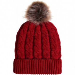 Skullies & Beanies Women's Winter Ribbed Knit Faux Fur Pompoms Chunky Lined Beanie Hats - Single-burgundy - CK186QO80DZ $7.71