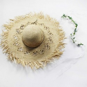 Sun Hats Natural Large Wide Brim Raffia Straw Hats Woven Circle Fringe Beach Cap Summer Hollow Out Big Straw Hat - Beige3 - C...