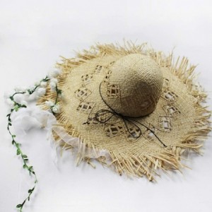 Sun Hats Natural Large Wide Brim Raffia Straw Hats Woven Circle Fringe Beach Cap Summer Hollow Out Big Straw Hat - Beige3 - C...