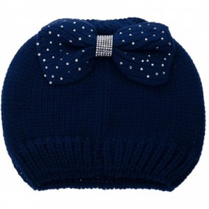 Skullies & Beanies Warm Messy Bun Ponytail Beanie with Rhinestone Bow- Open Top Knit Hat - Navy - C8188I09NTG $9.82